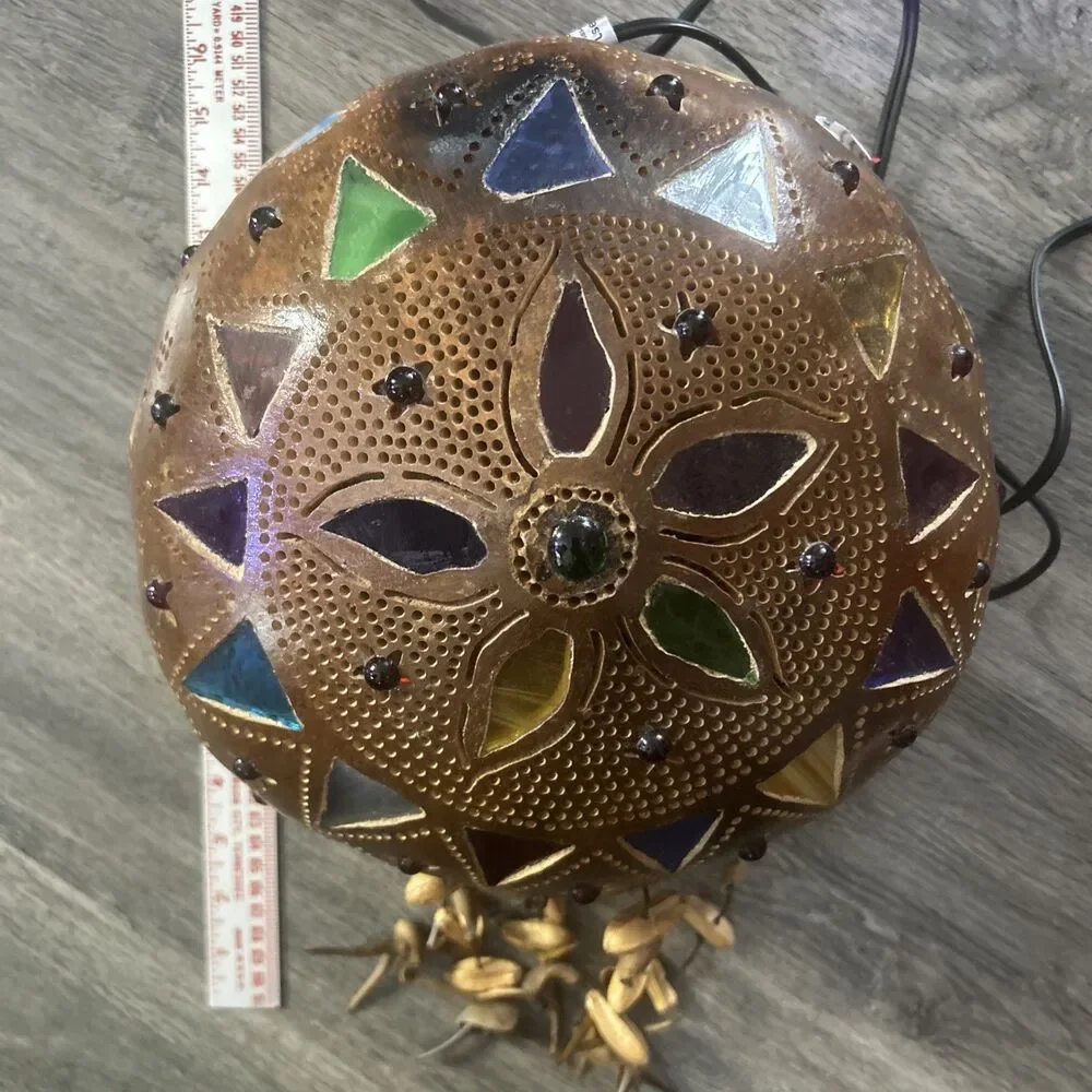 Vintage 14” Boho Gourd Swag Lamp With Celestial Theme Colorful Artsy Ecclectic